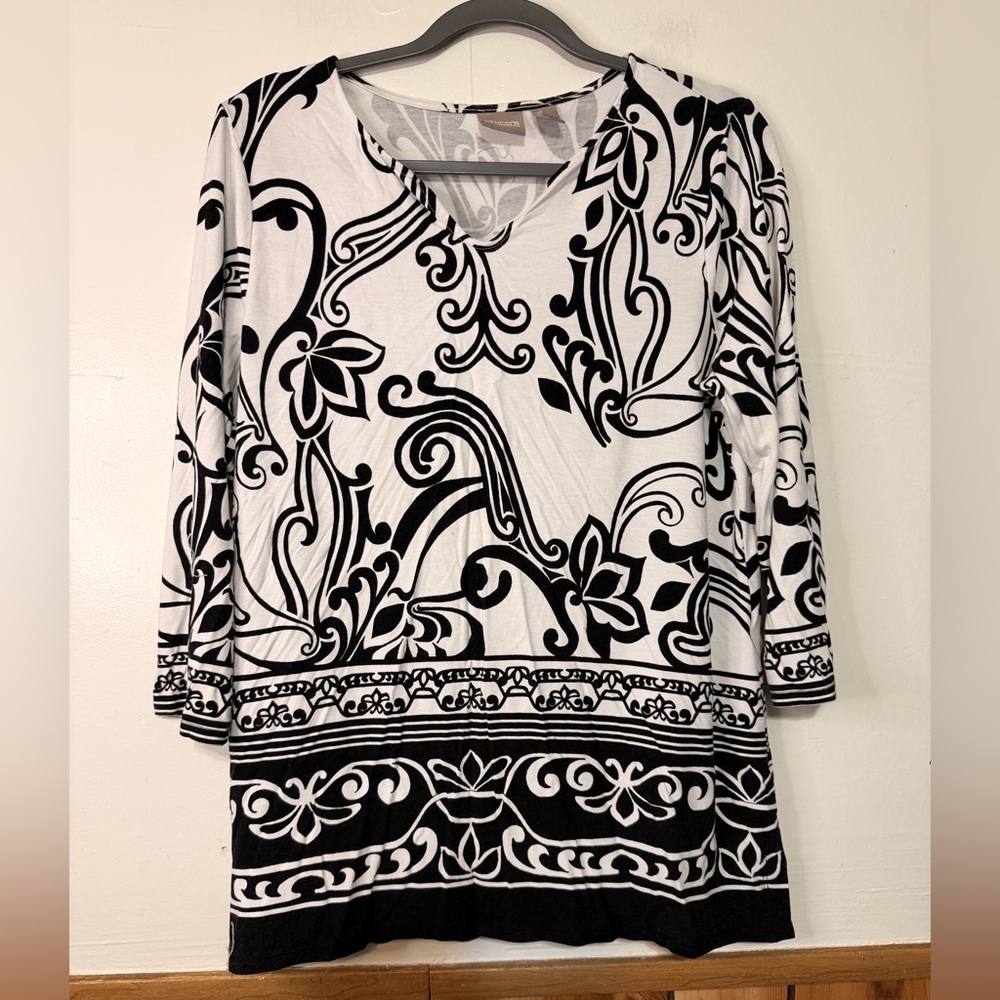 Chico's Black & White Scroll-Print V-Neck Tunic